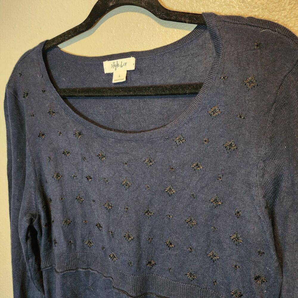 Style & Co Womens Large Navy Blue Tunic Sweater Embroidered Asymmetrical Hem To